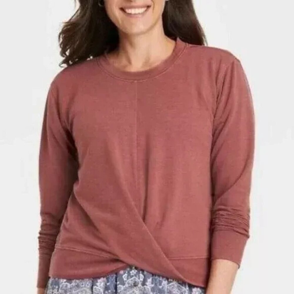 KNOX ROSE Women Twist Front Long‎ Sleeve Faux Wrap Sweatshirt Sz M Orange 15-16